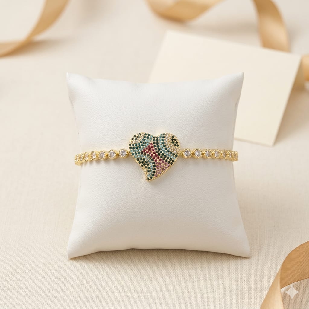 Pulseira com Pérolas e Coração Cravejado